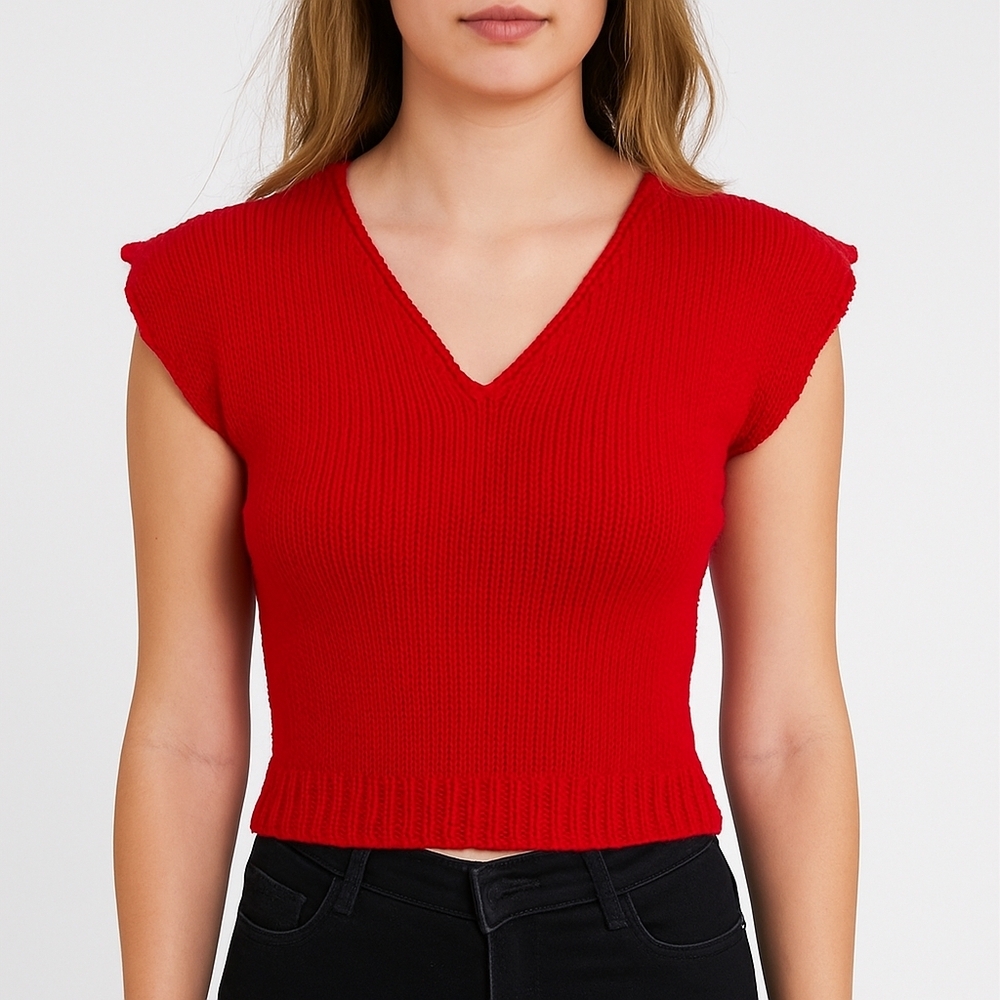 Hand-Knit Red Crop Top Size Small
